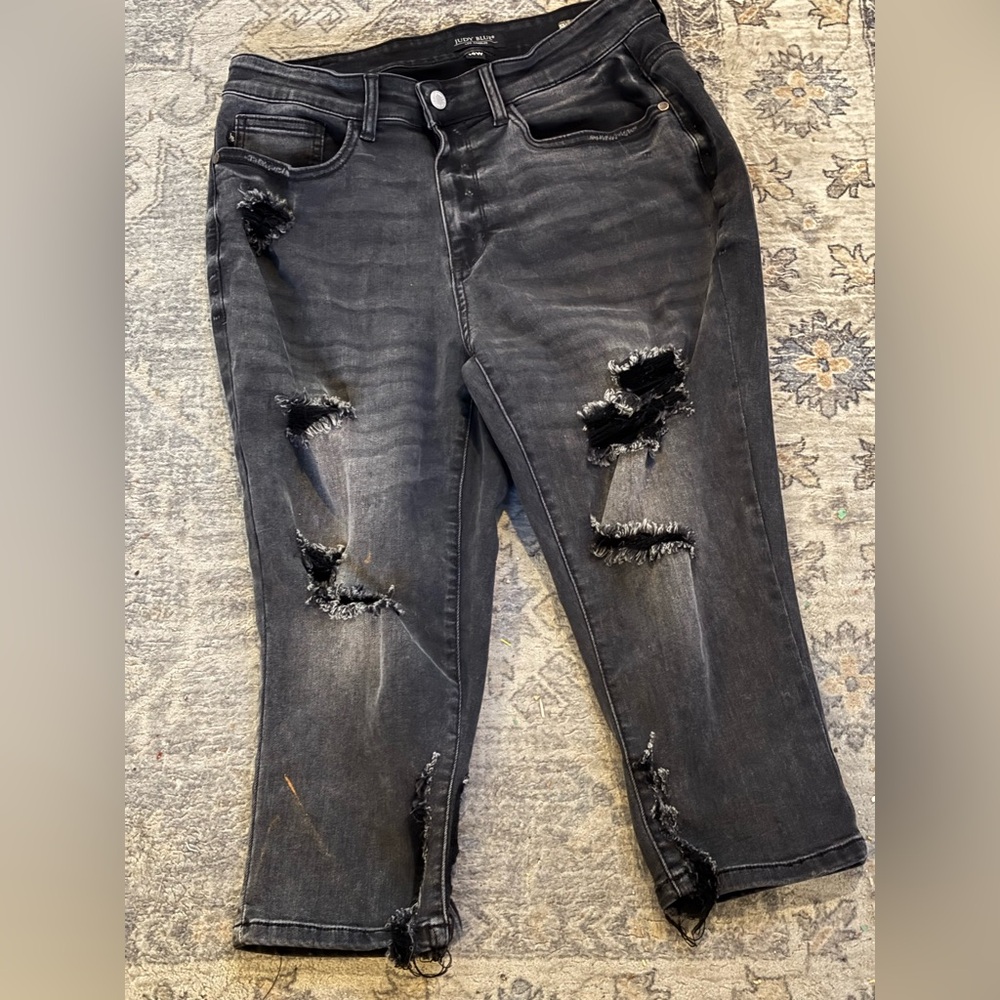 Judy Blue Skinny Fit Capri Jeans Black Distressed Ragged Women's 14